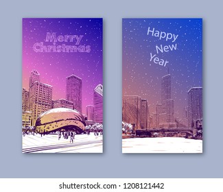 Trendy cover template. Winter city. Merry Christmas and New Year card design. Chicago. USA.  Hand drawn. Street sketch, vector illustration