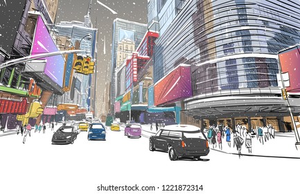 Trendy cover template. Winter city. Merry Christmas and New Year card design. Times square. New York. USA. Hand drawn city sketch. Vector illustration.