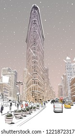 Trendy cover template. Winter city. Merry Christmas and New Year card design. Times square. New York. USA. Hand drawn city sketch. Vector illustration.