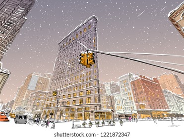 Trendy cover template. Winter city. Merry Christmas and New Year card design. Times square. New York. USA. Hand drawn city sketch. Vector illustration.