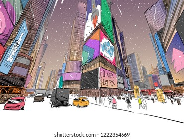 Plantilla de portada de moda. Ciudad de invierno. Feliz Navidad y diseño de tarjetas de Año Nuevo. Times Square. Nueva York. EE.UU. Dibujo de la ciudad dibujado a mano. Ilustración vectorial.