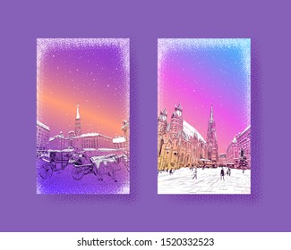 Trendy cover template. Winter city. Merry Christmas and New Year card design. St. Stephen's Cathedral.  Hofburg palace. St. Michael's. Vienna, Austria.  Hand drawn landmark