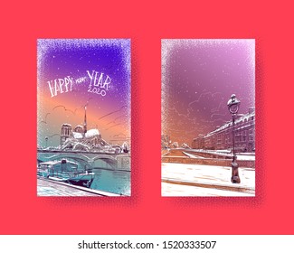 Trendy cover template. Winter city. Merry Christmas and card design.Paris street. The Cathedral of Notre Dame de Paris. Seine. Paris, France. Hand drawn landmark sketch. Vector illustration.