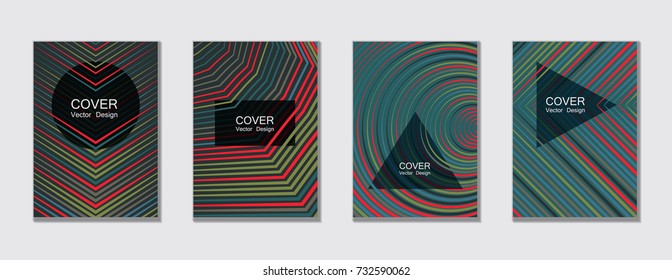 Trendy cover templates for banner. Geometric shape, halftone lines pattern. Trendy vector brochure templates set, minimal line geometric backgrounds, educational covers in dark blue, green, red.