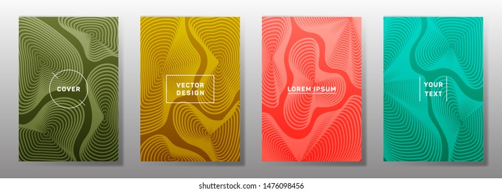 Trendy cover templates set. Fluid curve shapes geometric lines patterns. Linear poster, flyer, banner vector backgrounds. Line stripes graphics, title elements. Annual report covers.