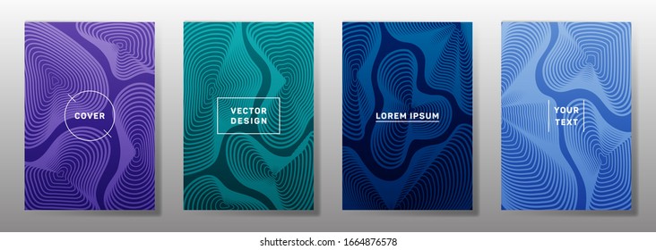 Conjunto de plantillas de portada de moda. La curva fluida da forma a los patrones de líneas geométricas. Fondos de media tonalidad para notas, portadas de papel de aviso. Modalidades de línea, elementos de encabezado. Conjunto de diseños de portada.