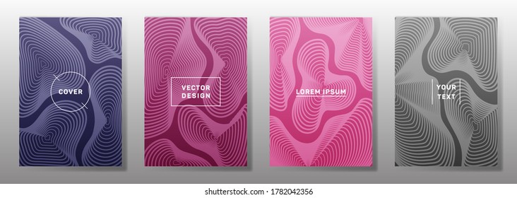 Diseñado para plantillas de portada de moda. La curva de fluidos da forma a los patrones de líneas geométricas. Antecedentes abstractos de catálogos, revista de negocios. Gráficos de franjas de línea, elementos de título. El informe anual abarca las cuestiones.