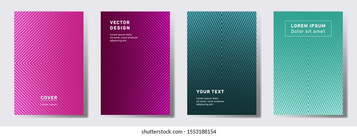 Trendy cover templates set. Geometric lines patterns with edges, angles. Gradient backgrounds for notepads, notice paper covers. Lines texture, header title elements. Cover page layouts set.