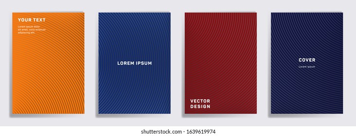 Trendy cover templates set. Radial semicircle geometric lines patterns. Linear backgrounds for notepads, notice paper covers. Lines texture, header title elements. Cover page layouts set.