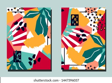 Trendy cover with tropical leaves and abstract geometric shapes. Modern collage style. Two floral vector templates of flyers. A4 format. Art can be used for placard, flyer, banner. 