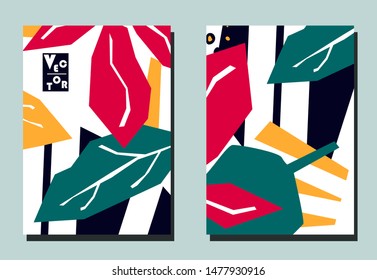 Trendy cover with tropical leaves and geometric shapes. Abstract collage style. Two floral vector templates of flyers. A4 format. Art can be used for placard, flyer, banner. 