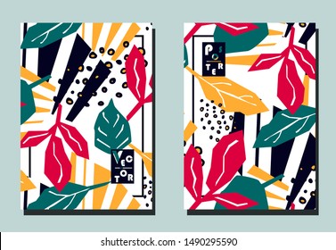 Trendy cover with tropical leaves and geometric shapes. Abstract collage style. Two floral vector templates of flyers. A4 format. Art can be used for placard, flyer, banner. 