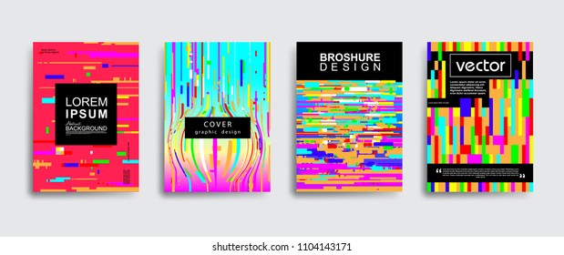 Trendy covers or backgrounds for placard, poster, magazine, brochure, flyer or banner design.
Set of minimal geometric abstract elements with glitch effect. Vector eps10 illustration