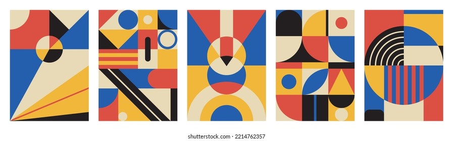 Trendy covers design set. Modern geometric shapes compositions. Flat vector illustrations in Bauhaus style.