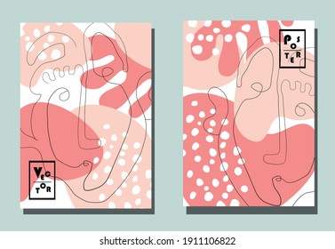 Trendy covers with graphic elements - abstract shapes and linear portraits. Two modern vector flyers in avant-garde  style. 