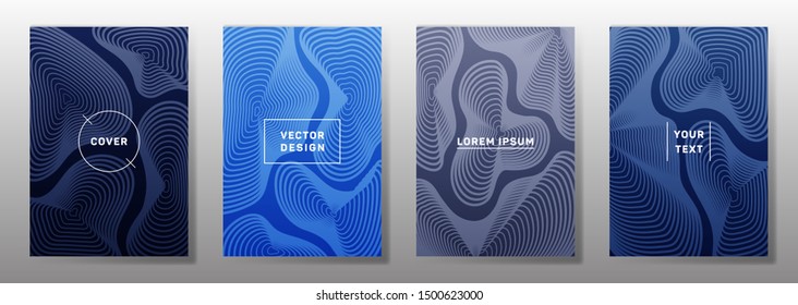 Trendy covers linear design. Fluid curve shapes geometric lines patterns. Digital backgrounds for notepads, notice paper covers. Line stripes graphics, title elements. Cover page layouts set.
