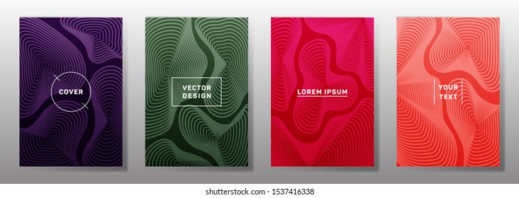 Trendy covers linear design. Fluid curve shapes geometric lines patterns. Gradient backgrounds for catalogues, business magazine. Lines texture, header title elements. Cover page templates.