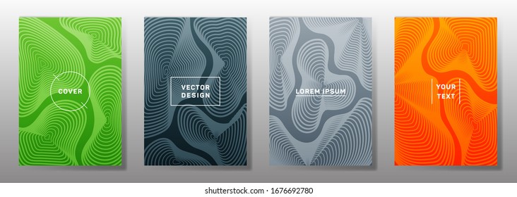 Diseño lineal. La curva fluida da forma a los patrones de líneas geométricas. Afiche moderno, volante, fondos vectoriales banner. Textura de líneas, elementos de título de encabezado. Plantillas de portada.