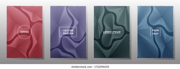 Trendy covers linear design. Fluid curve shapes geometric lines patterns. Geometric backgrounds for notepads, notice paper covers. Line stripes graphics, title elements. Annual report covers.