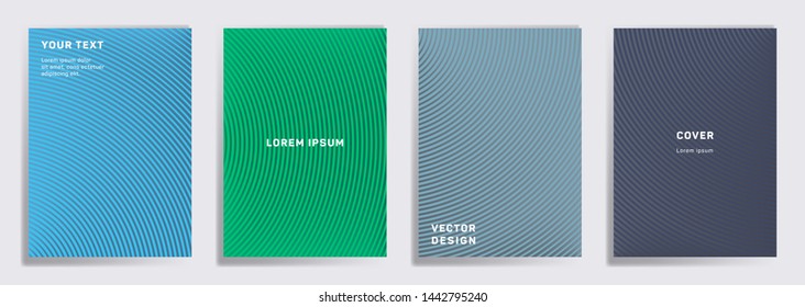 Trendy covers linear design. Radial semicircle geometric lines patterns. Digital poster, flyer, banner vector backgrounds. Line stripes graphics, title elements. Annual report covers.