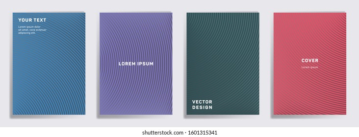 Trendy covers linear design. Radial semicircle geometric lines patterns. Linear backgrounds for cataloges, corporate brochures. Line stripes graphics, title elements. Cover page templates.