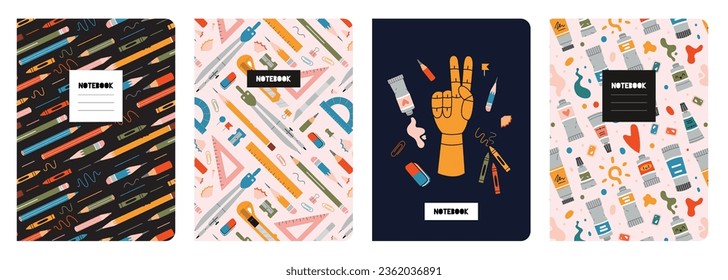 Trendy covers set, cartoon style vector illustration. Cool design with painting tools elements seamless patterns and cute art supplies. For notebooks, planners, brochures, books, catalogs etc