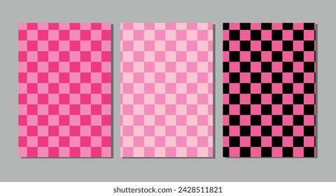  Trendy covers set. Cool pink and black checkered and mask used, easy to re-size. For notebooks, planners, brochures, books, diary, catalogs etc. Vector illustration.