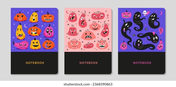 Trendy covers set. Cute Halloween themed illustrations. Pumpkins and ghosts, spooky elements. For notebooks, planners, brochures, books, catalogs, cards, invitations etc.