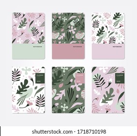 Trendy covers tamplate set. Beautiful floral design in natural muted and pastel shades of green and pink. Pattern and clipping mask used. Suitable for notebooks, planners, brochures, books, catalogs.