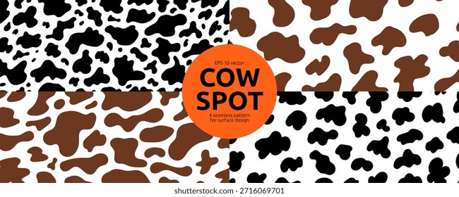 Conjunto de patrón de piel de vaca de moda. Textura animal sin costuras con el kit de impresión de deporte de leche. Paquete de diseño de superficie de Vector Doodle