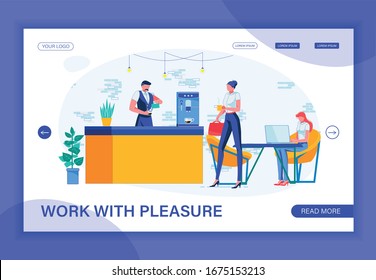 Trendy Coworking Space With Comfortable Furniture. Functionally Organized Area To Work At Ease. Man Barista By Counter Making Coffee. Business Lady With Mug. Young Woman With Laptop. Landing Page.