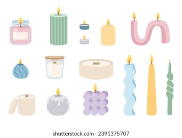 Trendy cozy aroma candles set in pastel colors. Vector illustration in flat cartoon style.
