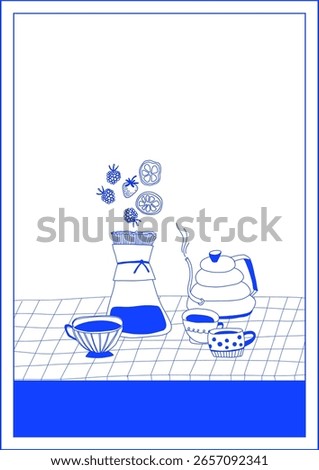 Trendy Cozy Coffee break print. Hand draw still life. Pour over coffee. Simple Playful illustration in minimalist style.Cute cups, stuff for cooking coffee, checkered tablecloth. Doodle