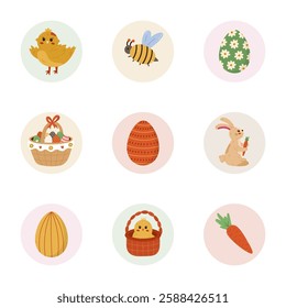 Trendy and cozy round cover icon with Easter and spring clipart for different social media, blogs, business, branding. Highlight icons for stories with cute bunny, chick, Easter egg in pastel colors.