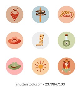 Trendy and cozy round highlights for different social media, blogs, business, branding with Wild West illustrations. Cover icons for stories with cowboy western vector clipart in warm colors