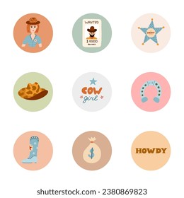 Trendy and cozy round highlights for different social media, blogs, business, branding with Wild West illustrations. Cover icons for stories with cowboy western vector clipart in warm colors