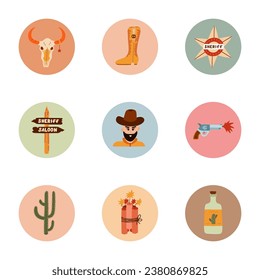 Trendy and cozy round highlights for different social media, blogs, business, branding with Wild West illustrations. Cover icons for stories with cowboy western vector clipart in warm colors