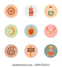 Trendy and cozy round highlights for different social media, blogs, business, branding with Wild West illustrations. Cover icons for stories with cowboy western vector clipart in warm colors