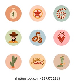 Trendy and cozy round highlights for different social media, blogs, business, branding with Wild West illustrations. Cover icons for stories with cowboy western vector clipart in warm colors