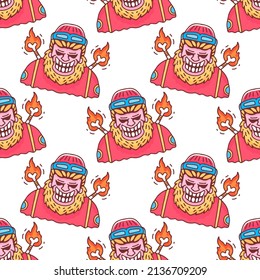 Trendy crazy bearded man with fire on white background seamless pattern. Modern vintage, pop art style seamless pattern concept.