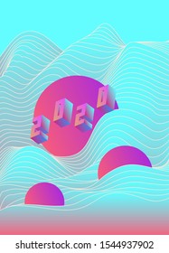 Trendy creative 3d lettering, 2020 new year holographic isometric digits. Vaporwave and synthwave post-postmodern style illustration in neon gradient colors. 