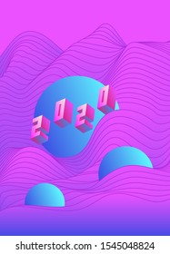 Trendy creative 3d lettering, 2020 new year holographic isometric digits. Vaporwave and synthwave post-postmodern style illustration in neon gradient colors. 