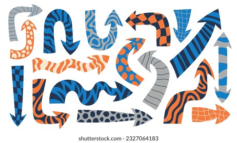 Trendy Creative arrows set. Modern fun and playful vector collection with hand drawn textured dynamic direction pointes with spots, stripes, wavy grid, checkerboard, gingham, animal fur ornament.