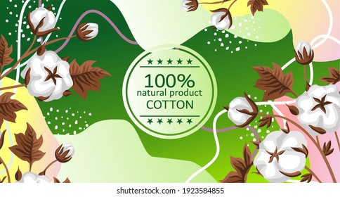 trendy and creative banner template with hand drawn cotton twigs and spots and dots. Botanical composition with gradient and label. Advertising for 100% natural products