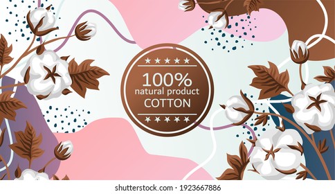 trendy and creative banner template with hand drawn cotton twigs and spots and dots. Botanical composition with gradient and label. Advertising for 100% natural products