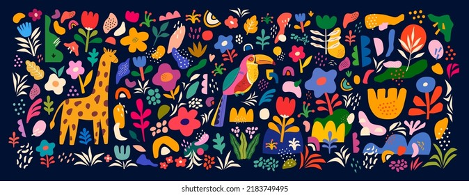 Trendy creative beautiful illustration with toucan, giraffe and flowers. Blooming design with bird toucan. Vector colorful illustration with tropical flowers, leaves and bird