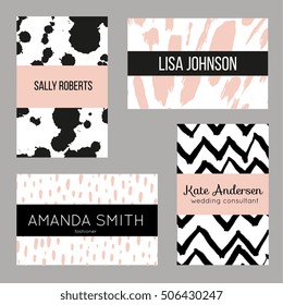 Trendy creative business card designs. Modern minimalistic abstract design with hand drawn ink textures - brush strokes, stains, blobs, spots. gold elements. Stylish elegant templates.