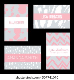 Trendy creative business card designs. Modern minimalistic abstract design with hand drawn ink textures - brush strokes, stains, blobs, spots. gold elements. Stylish elegant templates.