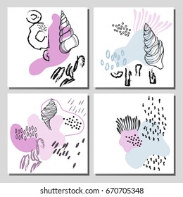 Trendy creative cards with hand drawn textures. Design for poster, card, invitation, placard, brochure. Vector.