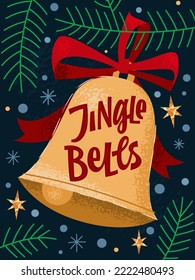 Trendy creative Christmas hand lettering illustration, Jingle Bells. Colorful vector typography design with gold bell, ribbons, pines and gold stars. Christmas and New Year events purposes. Print, web